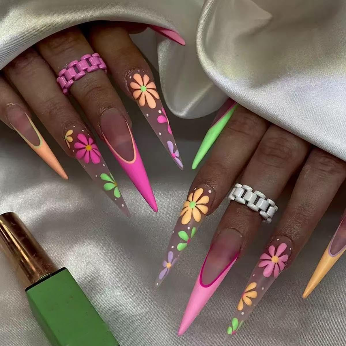 Moonglow Lange Nägel Stiletto Milchweiß Rosa Farbverlauf Glitzer Coole künstliche Nägel mit Kleber Rosa Ombre Glitzer Künstliche Nägel