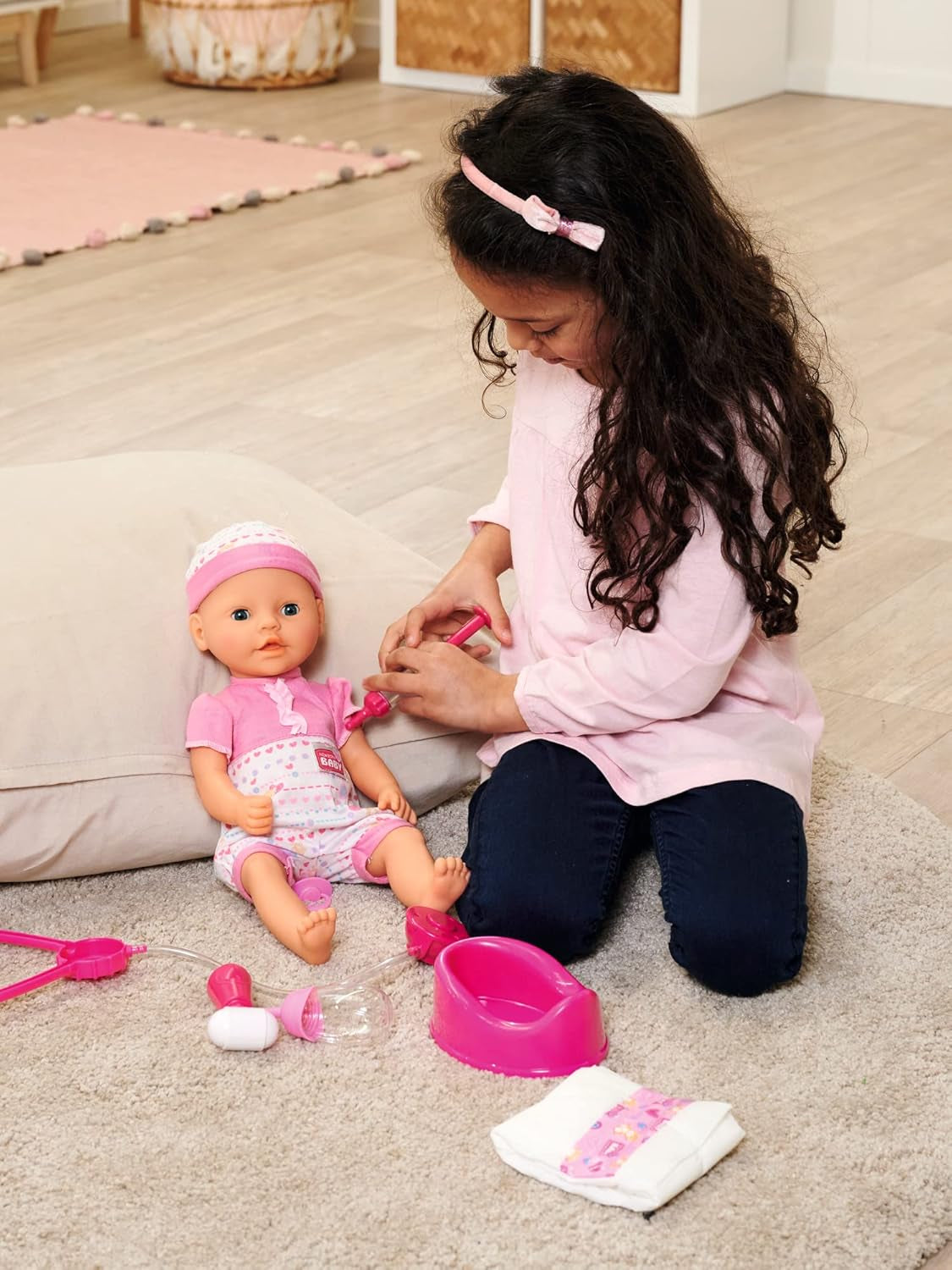 Simba 105562487 – New Born Baby First Stillset, Schnuller, Windel und Milchflasche mit verschwindendem Inhalt, für 38–43 cm große Puppen Naty Shop Dolls