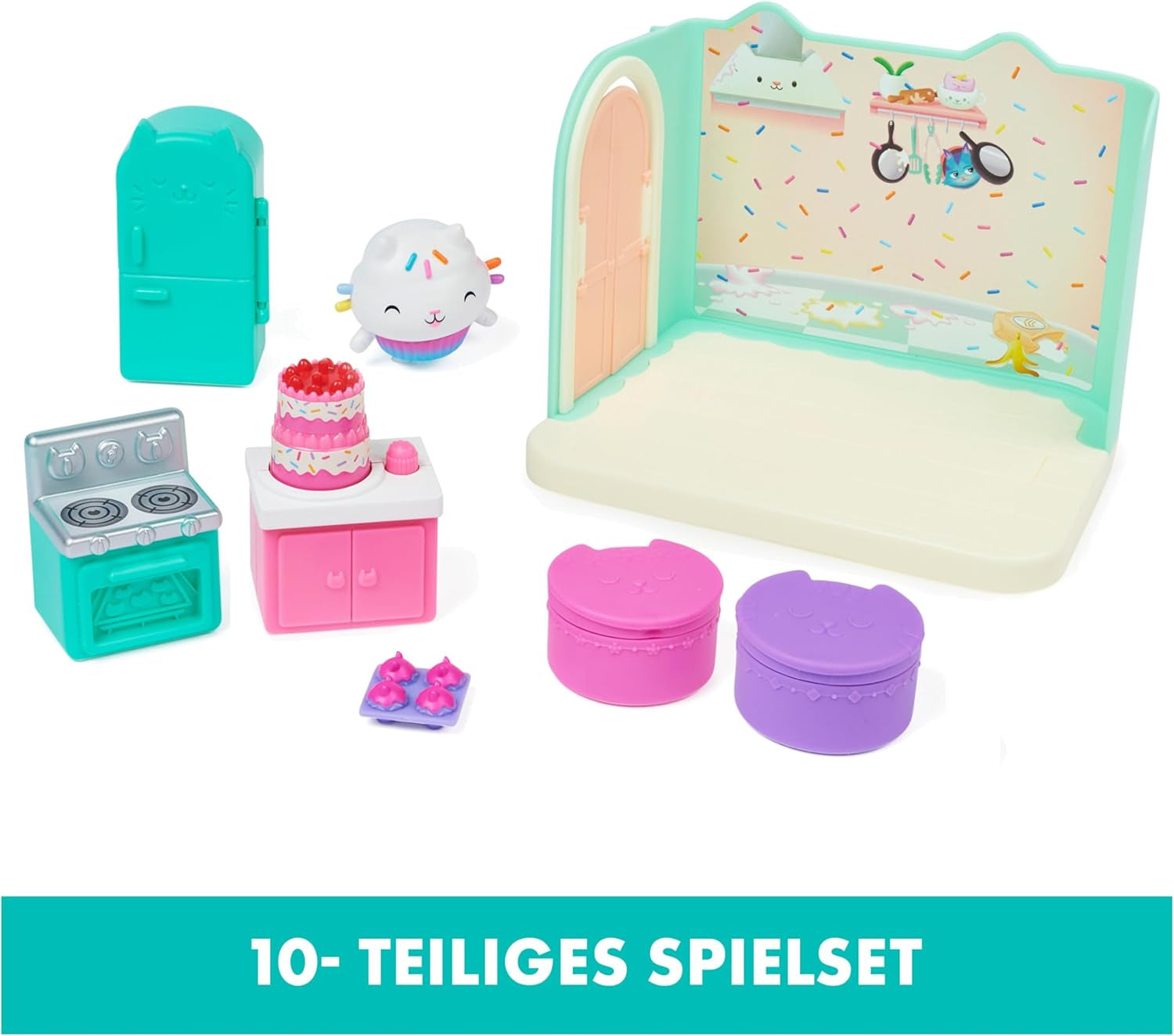 GABBY'S DREAMWORKS PUPPENHAUS – Deluxe-Zimmer, Cakey-Konditorei, Kuchi-Küche (rumänisch: Cakey), 3 Möbelstücke und 2 Überraschungsboxen mit Zubehör, geeignet für Kinder ab 3 Jahren