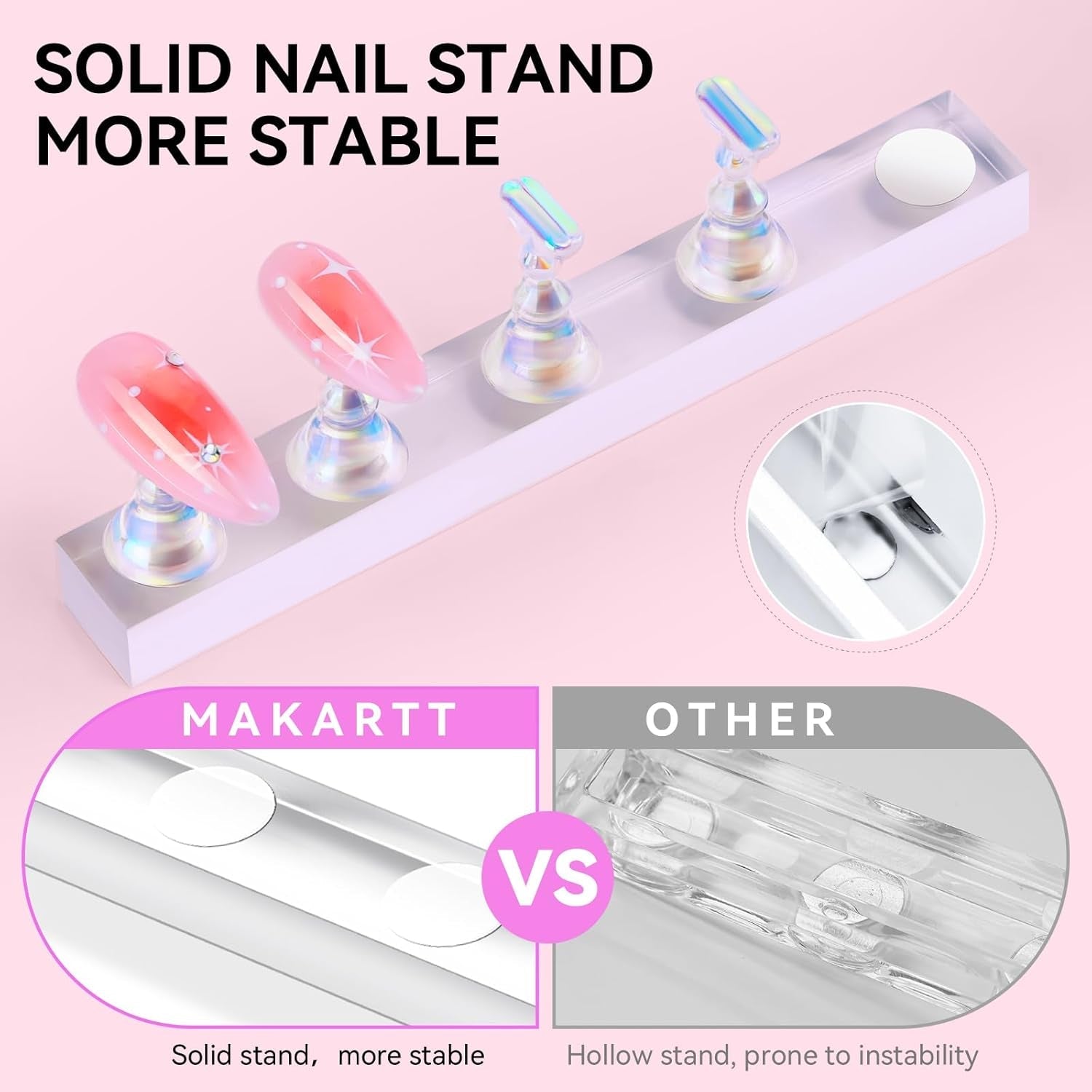 Makartt Acryl-Nagelhalter, magnetischer Nagelhalter, Nagelhalter, transparenter rosa Nagelhalter mit 48 Stück Klebemasse