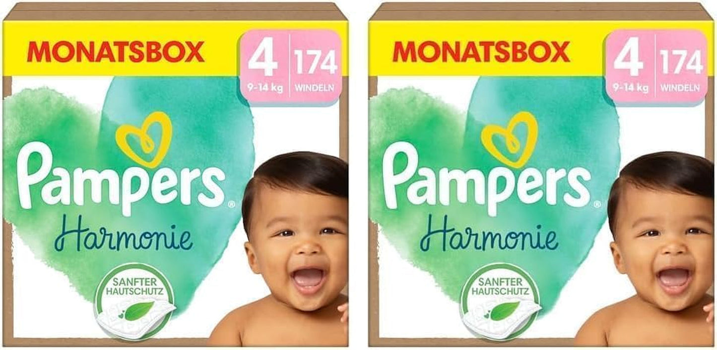 Pampers Harmony Windeln, Größe 4, 174 Windeln, 9 kg–14 kg, sanfter Hautschutz mit 100 % Pampers-Schutz