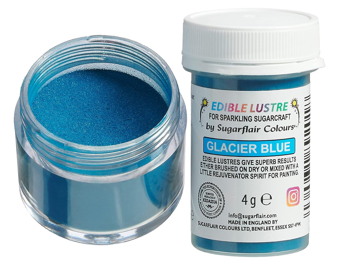 Sugarflair Lustre Essbare Lebensmittelfarbe, Gletscherblau – Essbares Glanzpulver für Kuchen, Muffins, Schokolade, Gebäck, Desserts, Eis, Getränke, Cocktails und mehr – 4 g