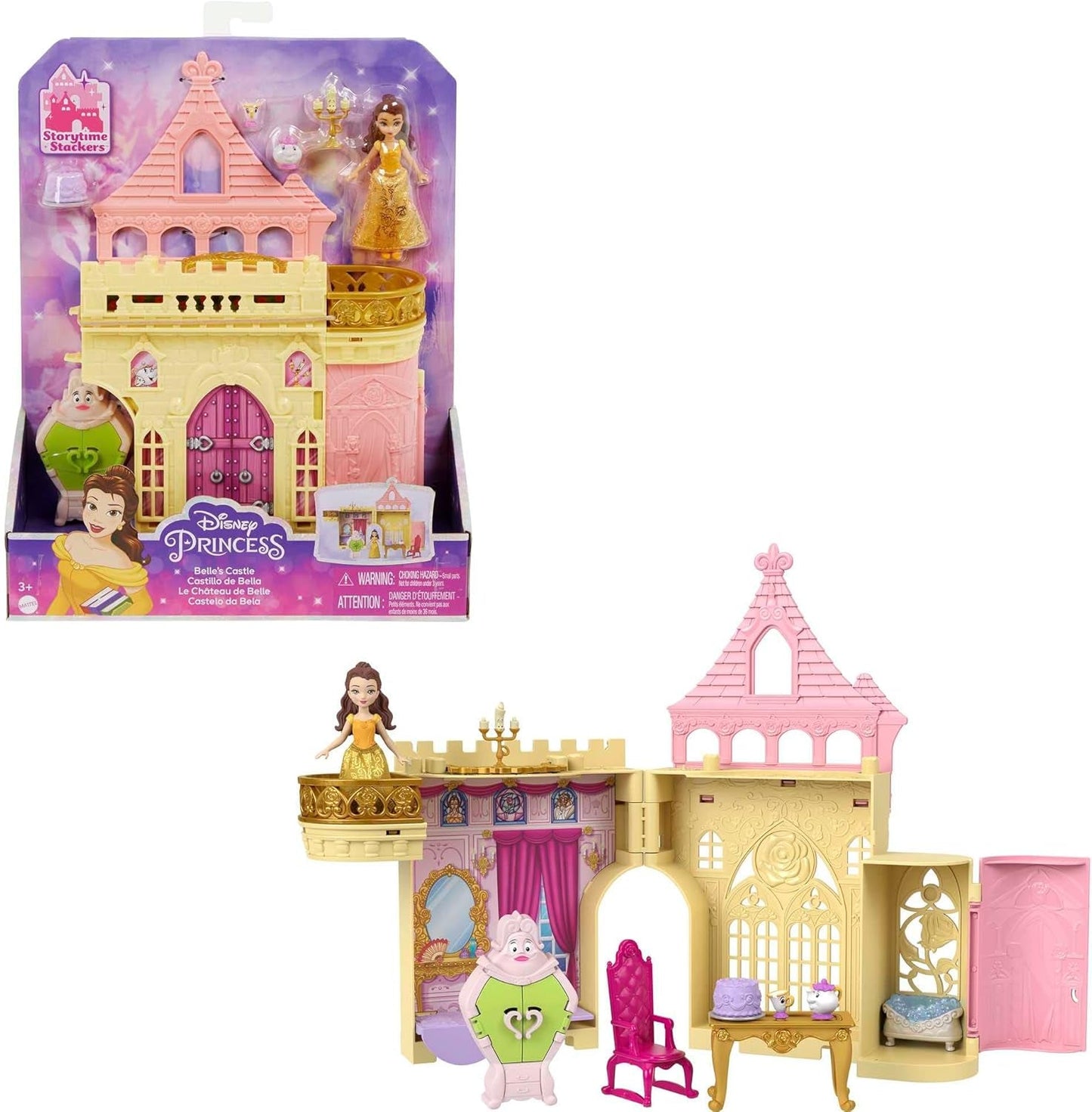 Mattel Disney Princess Verwandlungsspielset Kutsche zum Schloss mit kleiner Aurora-Puppe, 3 Ebenen, 6 Spielbereiche, 4 Figuren, Möbel und Zubehör HWX17 Puppen Naty Shop Belle Spielset