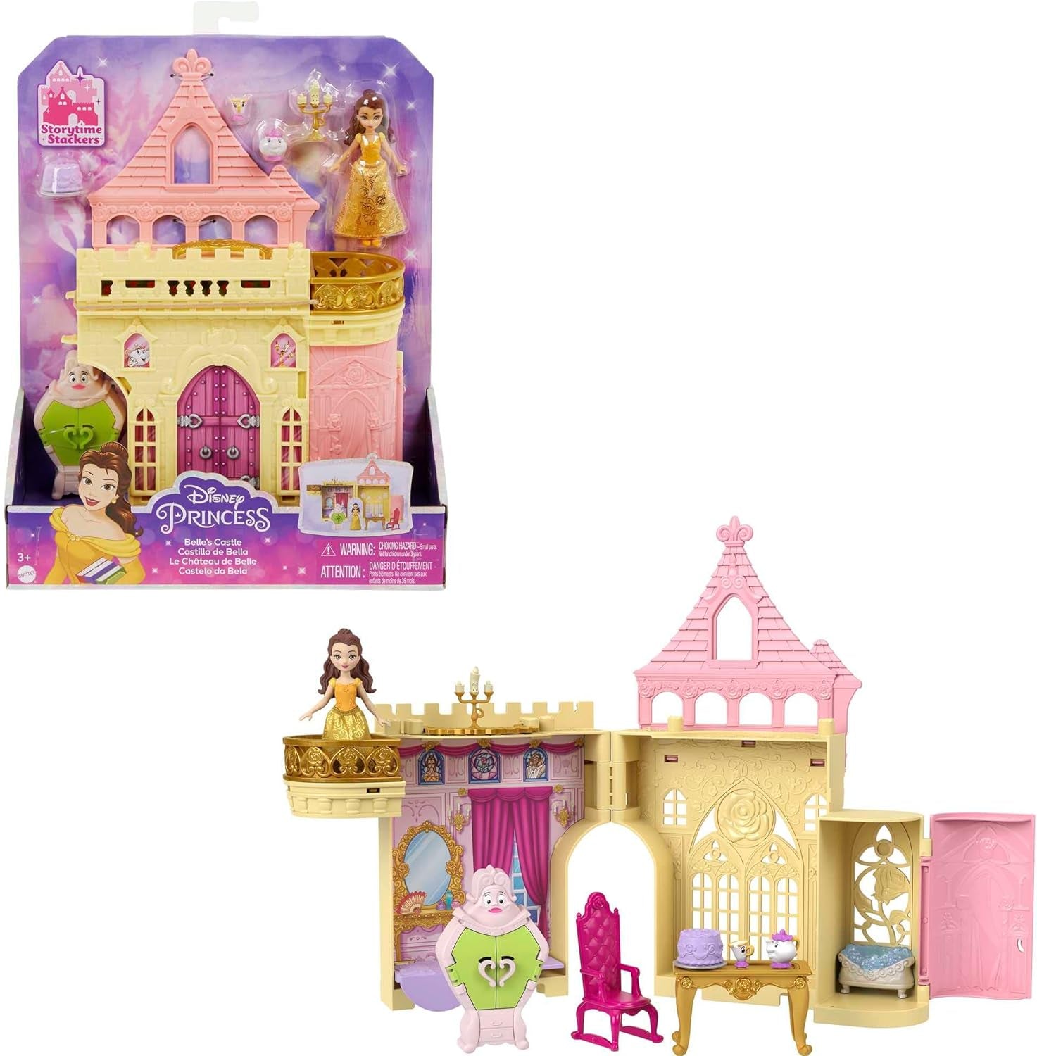 Mattel Disney Princess Verwandlungsspielset Kutsche zum Schloss mit kleiner Aurora-Puppe, 3 Ebenen, 6 Spielbereiche, 4 Figuren, Möbel und Zubehör HWX17 Puppen Naty Shop Belle Spielset