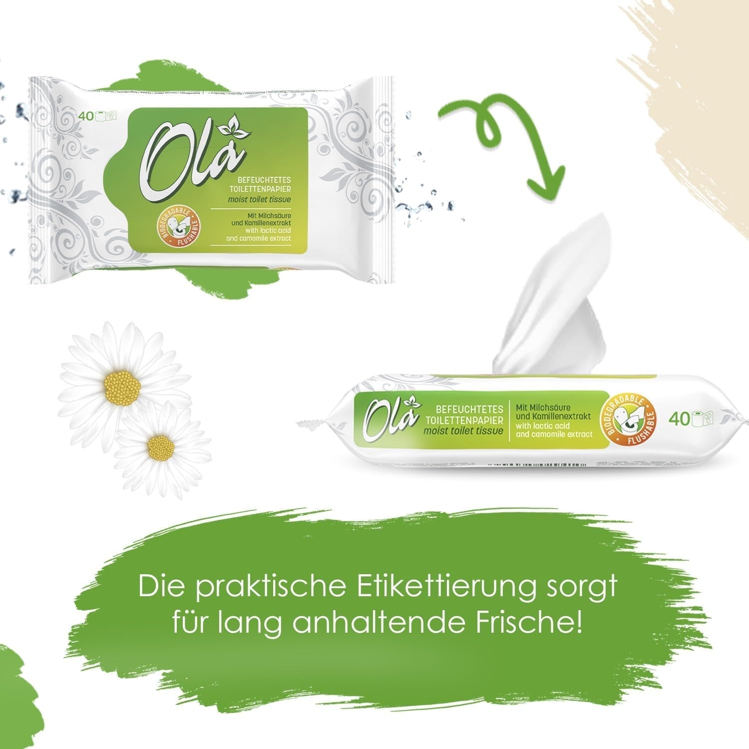 OLA Nasses Toilettenpapier – (1X40 Stück) Feuchttücher – Kamillenextrakt und Milchsäure, waschbar, empfindliche Haut – 40 Stück