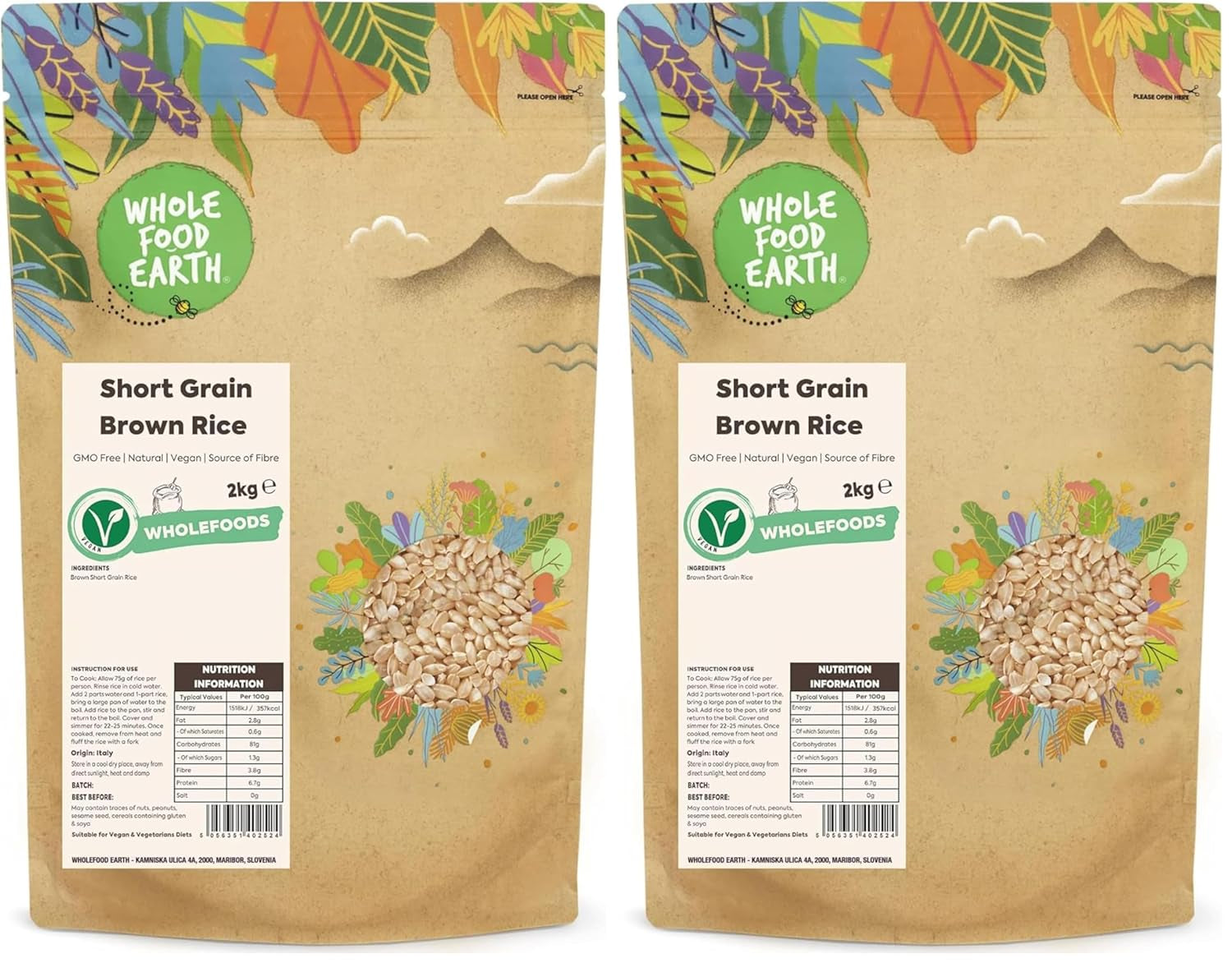 Vollkorn-Naturreis von Wholefood Earth – gentechnikfrei – natürlich – vegan – milchfrei – ohne Zuckerzusatz, 2 kg