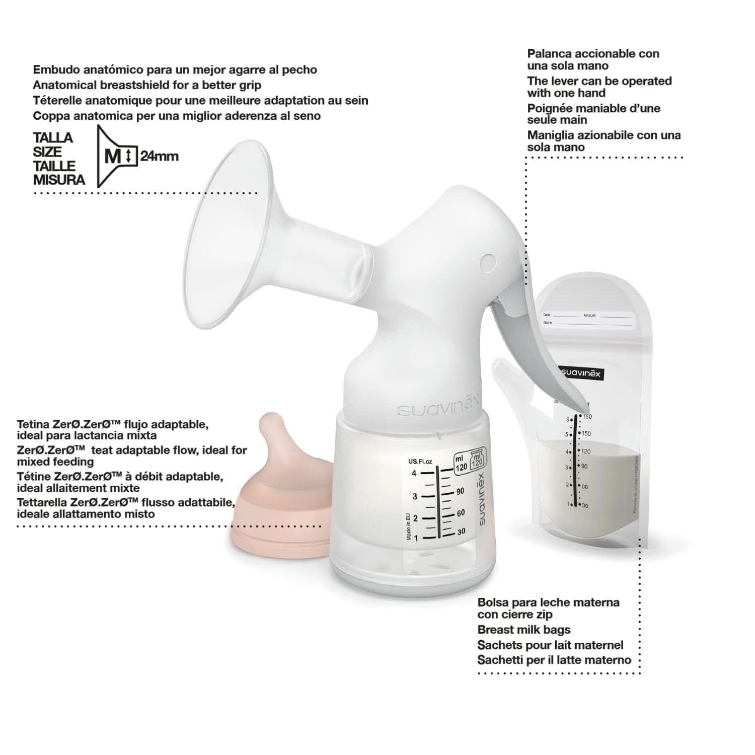 Suavinex, Muttermilchpumpe, 120 ml, mit einstellbarem Durchfluss Lebensmittel- und Stillzubehör Bebe Naty Shop