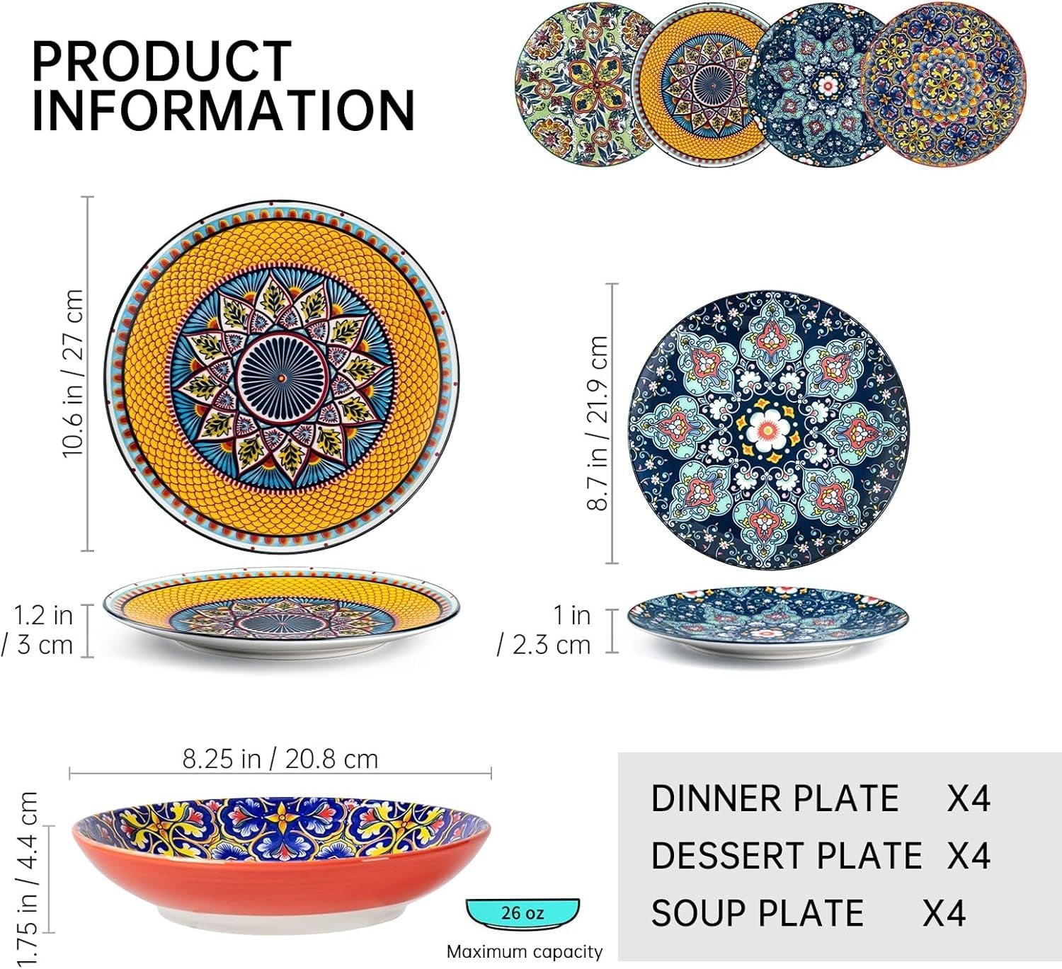 HENXFEN LEAD Porzellan-Geschirr-Set, 12-teiliges Geschirr-Set für 4, buntes Geschirr-Set für 4 – handbemalte Teller, Dessertteller, Suppenteller – Bohemian-Stil