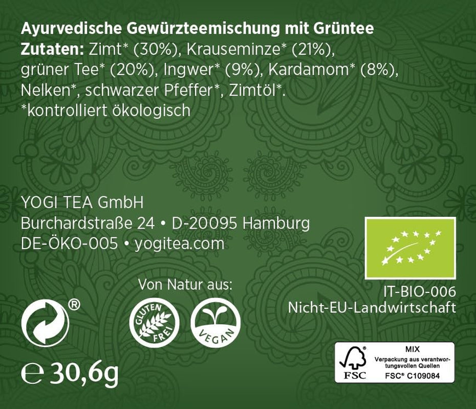 Yogi Tea Grüner Chai, ayurvedischer Bio-Gewürztee, Mischung aus Zimt, Minze, grünem Tee, Ingwer, Kardamom und Nelke, 6 x 17 Teebeutel (insgesamt 102 Teebeutel)