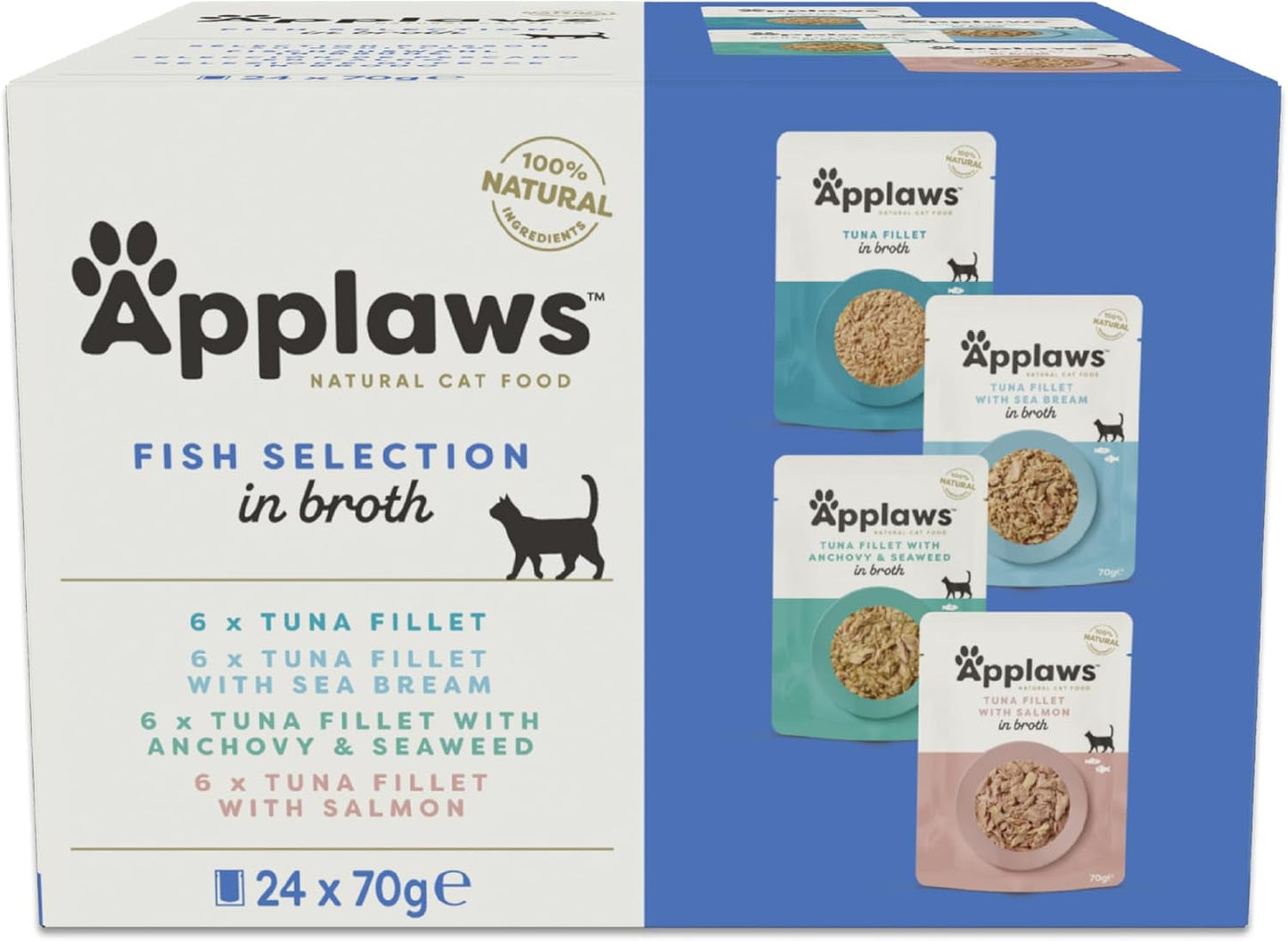 Applaws 100 % natürliches Nassfutter für Katzen, Fischauswahlbeutel in Brühe – Packung mit 24 Beuteln x 70 g