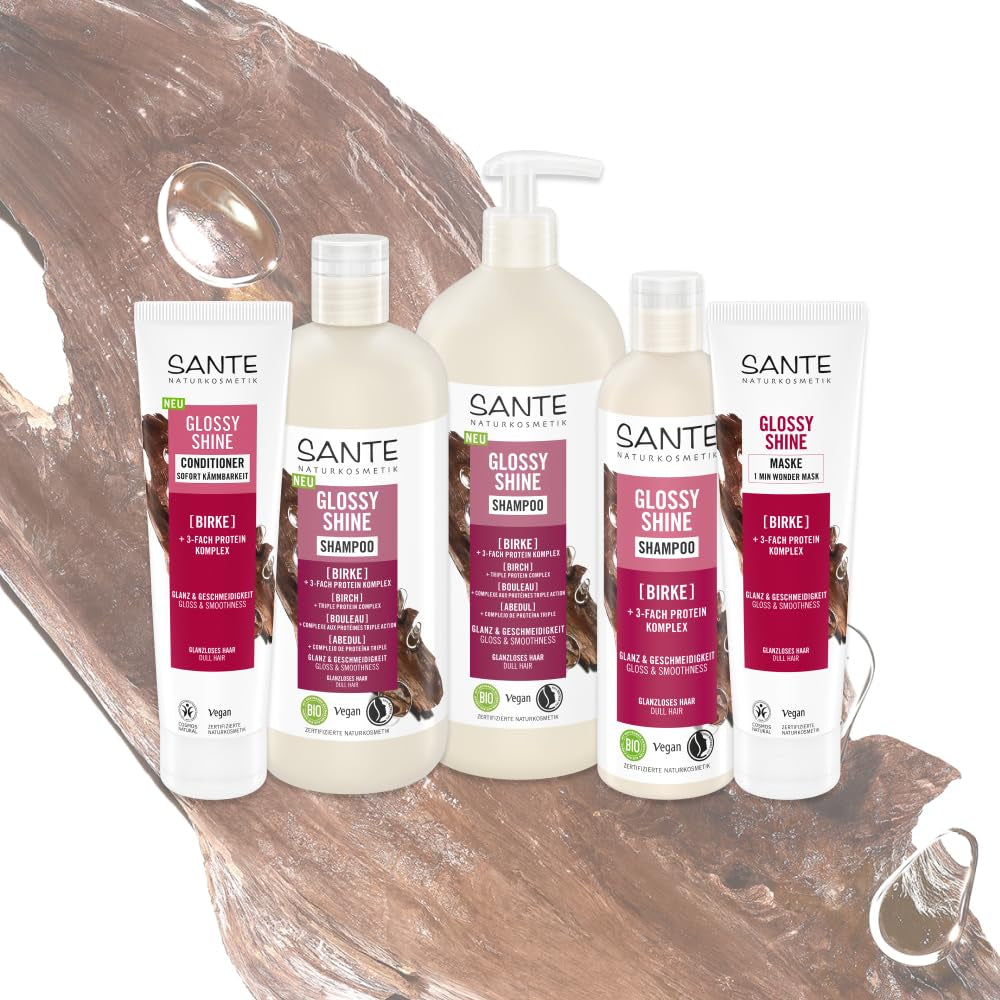 SANTE Naturkosmetik Glossy Shine Mask Bio-Birkenblattextrakt + 3x Proteinkomplex, silikonfreie und feuchtigkeitsspendende Haarmaske, vegane Haarpflege für mehr Glanz und Geschmeidigkeit, 150 ml Naty Shop Haarmaske