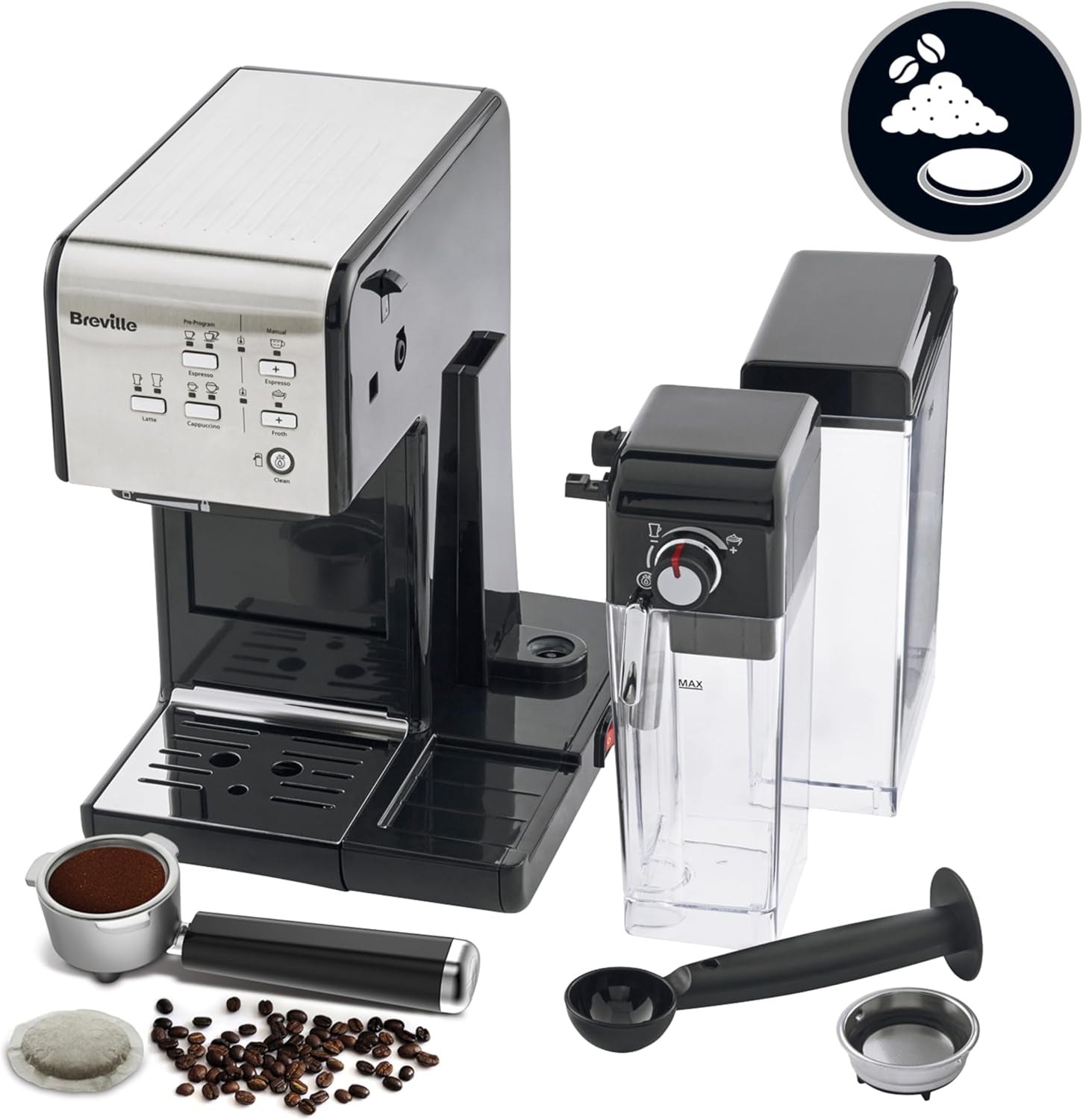 Espresso Breville Prima Latte II | Latte- und Cappuccino-Maschine | Professionelle Pumpe mit 15 bar und Milchaufschäumer | Silber [VCF108X]
