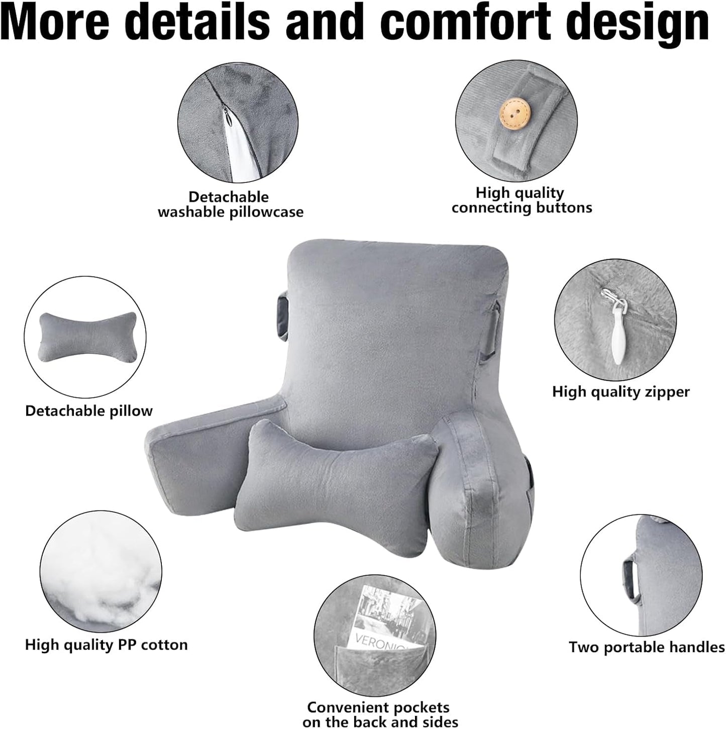 Lesekissen für Erwachsene im Bett, 90 x 80 cm (B x H), extra große Rückenlehne zum Lesen mit abnehmbarer Nackenstütze und Stützarm, bequemes Lesekissen für Bett, Sofa oder Bodenrückenlehne