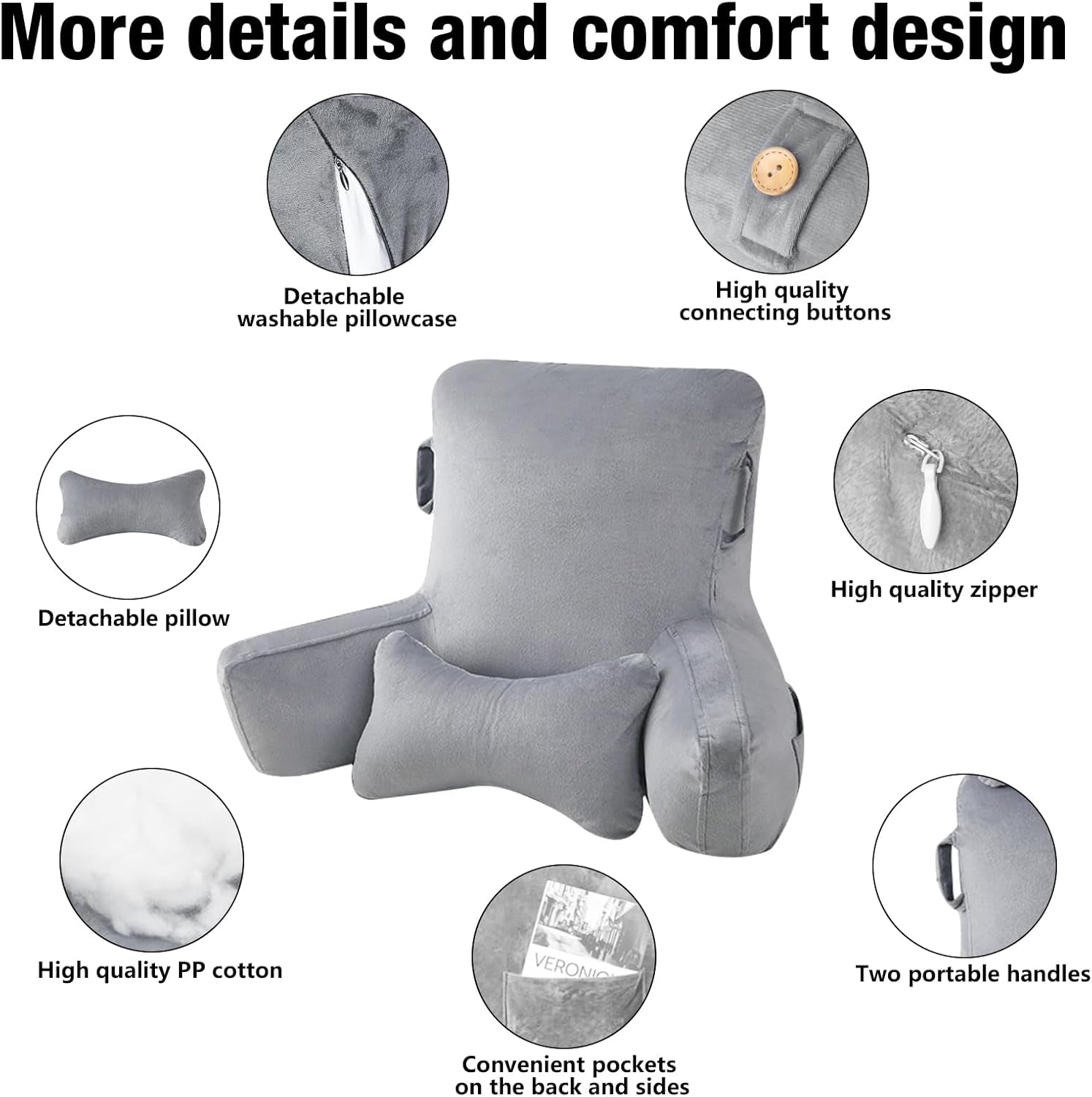 Lesekissen für Erwachsene im Bett, 90 x 80 cm (B x H), extra große Rückenlehne zum Lesen mit abnehmbarer Nackenstütze und Stützarm, bequemes Lesekissen für Bett, Sofa oder Bodenrückenlehne