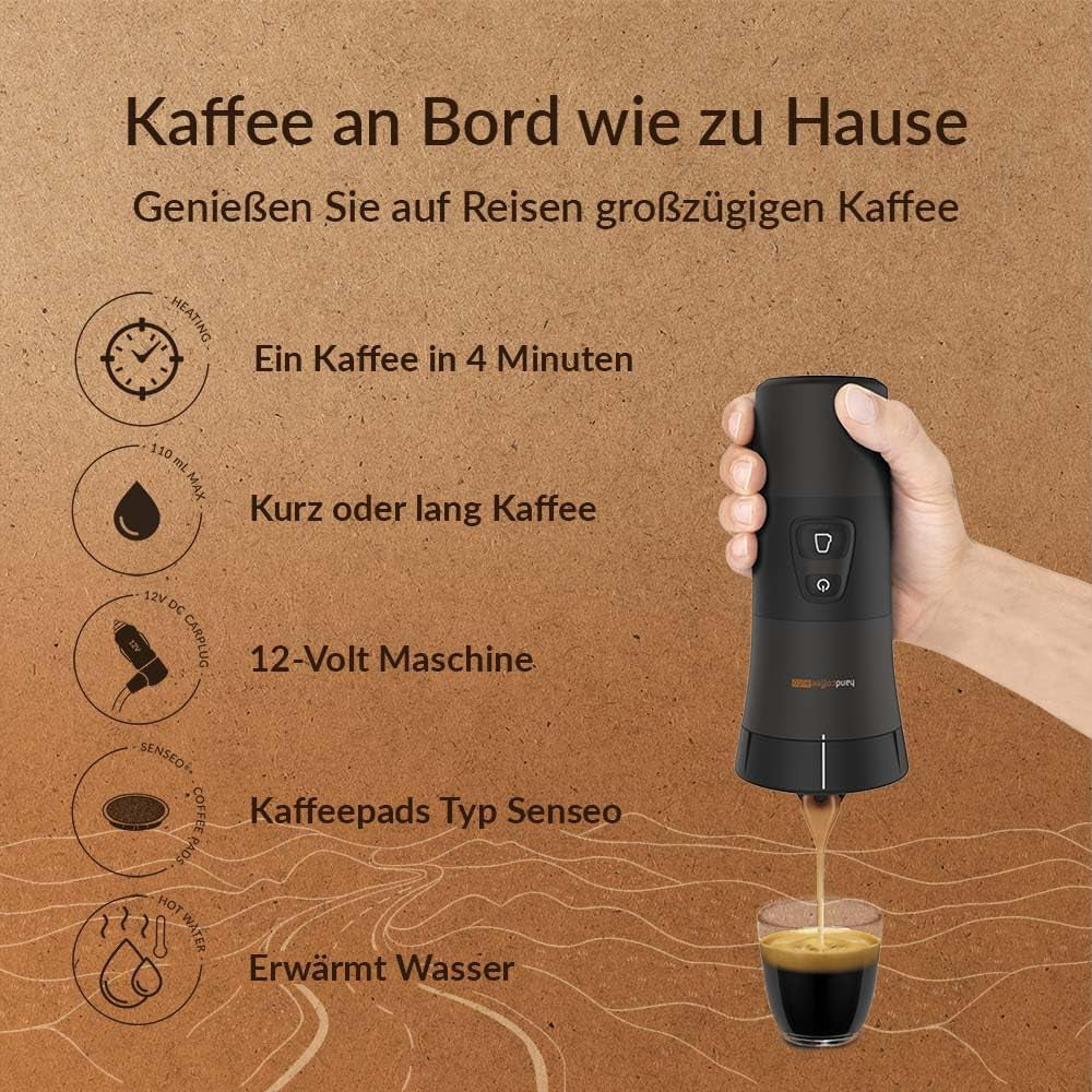 Handpresso - Handkaffee Auto 21000 | 12V Auto-Espressomaschine - 12-Volt-Espressomaschine für Autos | Senseo Pad-Espressomaschine für Autos – 12-V-Reise-Espressomaschine | 12-Volt-Espressor für Wohnmobile