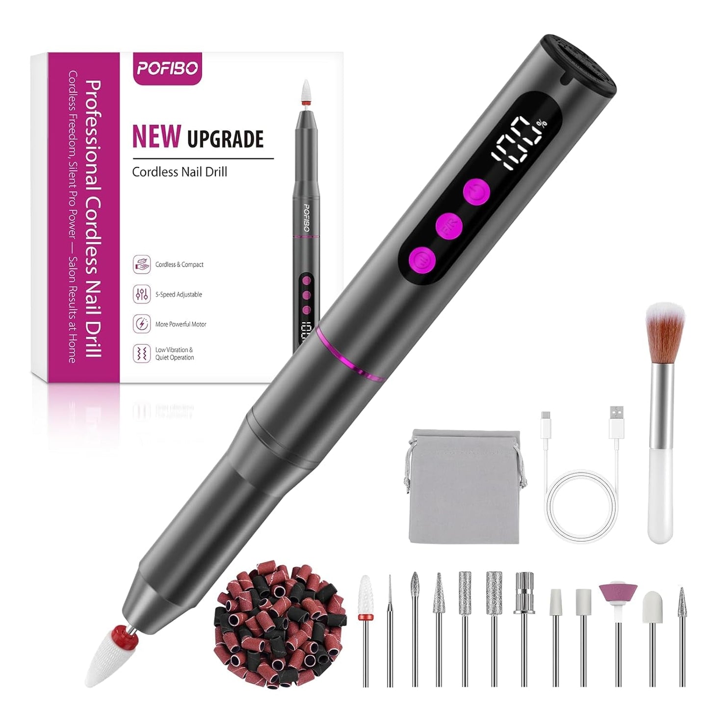 Kabellose elektrische Nagelfeile – 35.000 U/min für Gelnägel, 12-in-1 professionelle Nagel- und Acryl-Nagelfeile, 5-Gang-Maniküre- und Pediküre-Set