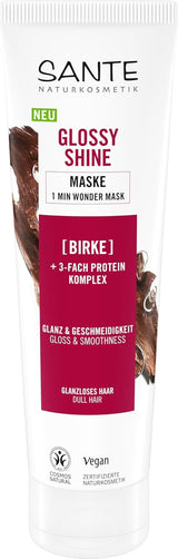 SANTE Naturkosmetik Glossy Shine Mask Bio-Birkenblattextrakt + 3x Proteinkomplex, silikonfreie und feuchtigkeitsspendende Haarmaske, vegane Haarpflege für mehr Glanz und Geschmeidigkeit, 150 ml Haarmaske Naty Shop Neu