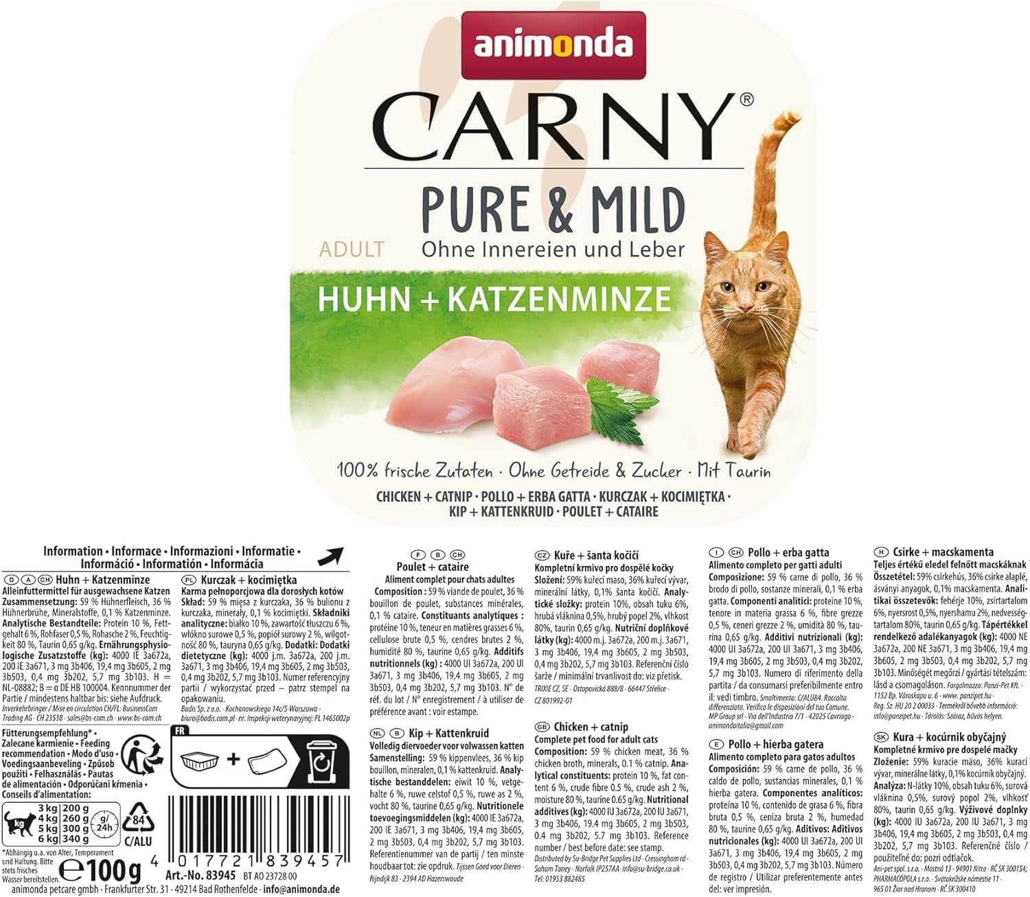 Adult Pure & Mild Nassfutter für Katzen mit Huhn und Katzenminze (32 x 100 g), für empfindliche Katzen, getreide- und zuckerfrei, leicht verdauliches Nassfutter mit Huhn