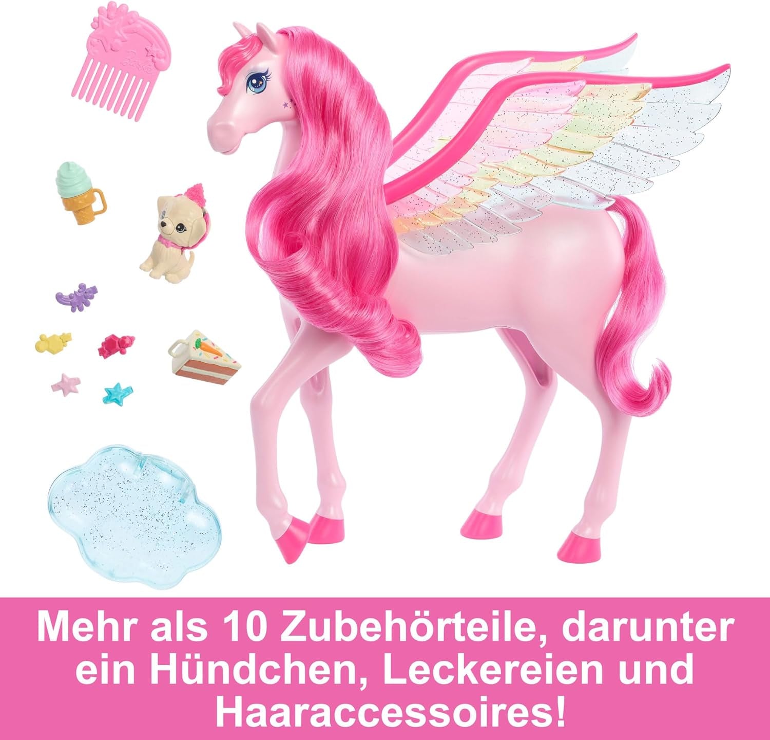 Barbie Pegasus Magic Hide and Seek – Interaktives Spielzeug mit Lichtern und Geräuschen, 10 Zubehörteilen, Regenbogenflügeln, für Kinder ab 3 Jahren, HLC41
