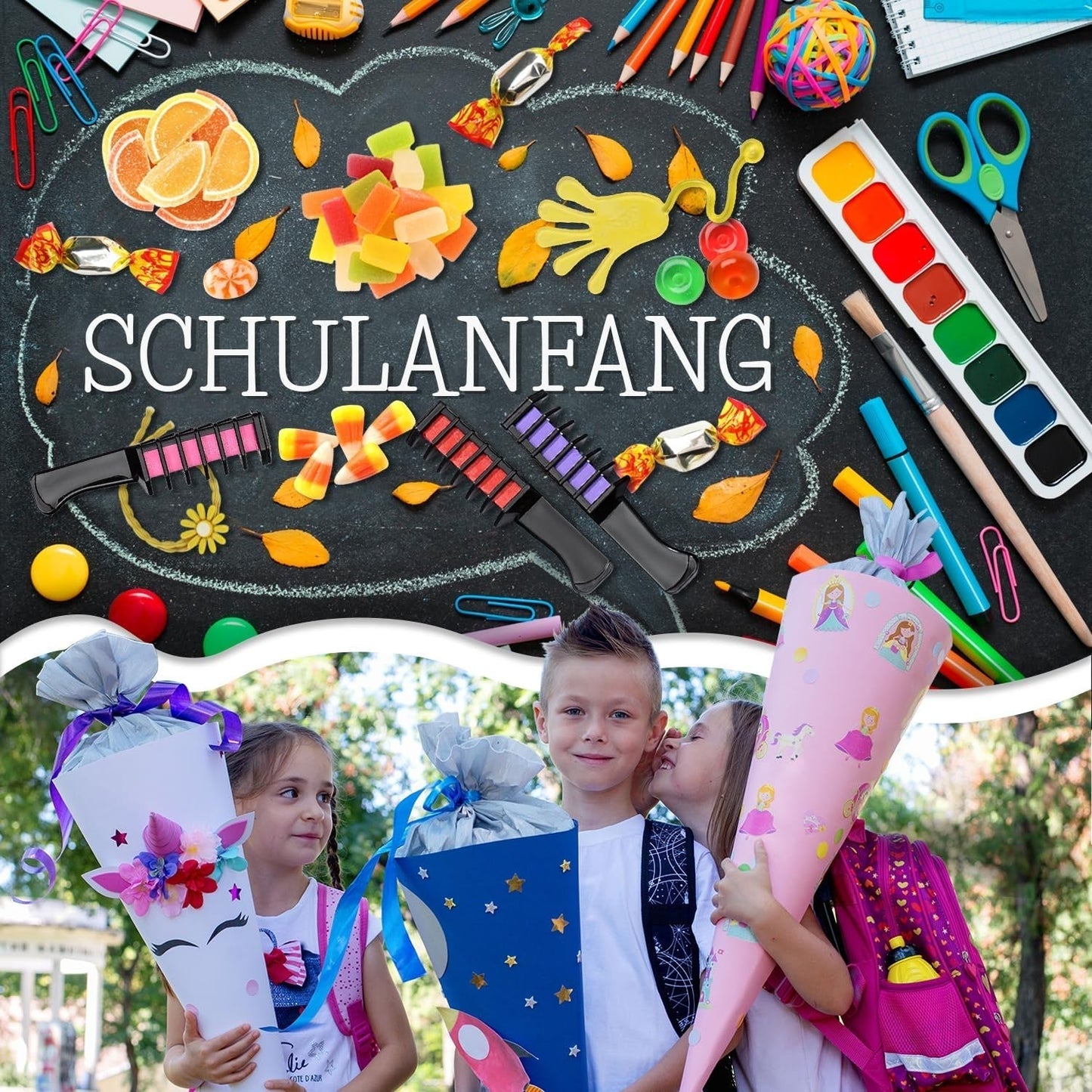 Magicat Haarkreide für Mädchen im Set I 10 auswaschbare Farben und 5 Haargummis I Geschenk für Mädchen von 4 bis 10 Jahren I Kreatives Geschenk für den Kindergeburtstag 2025 I Sichere und farbenfrohe Haarfarbe von Naty Shop