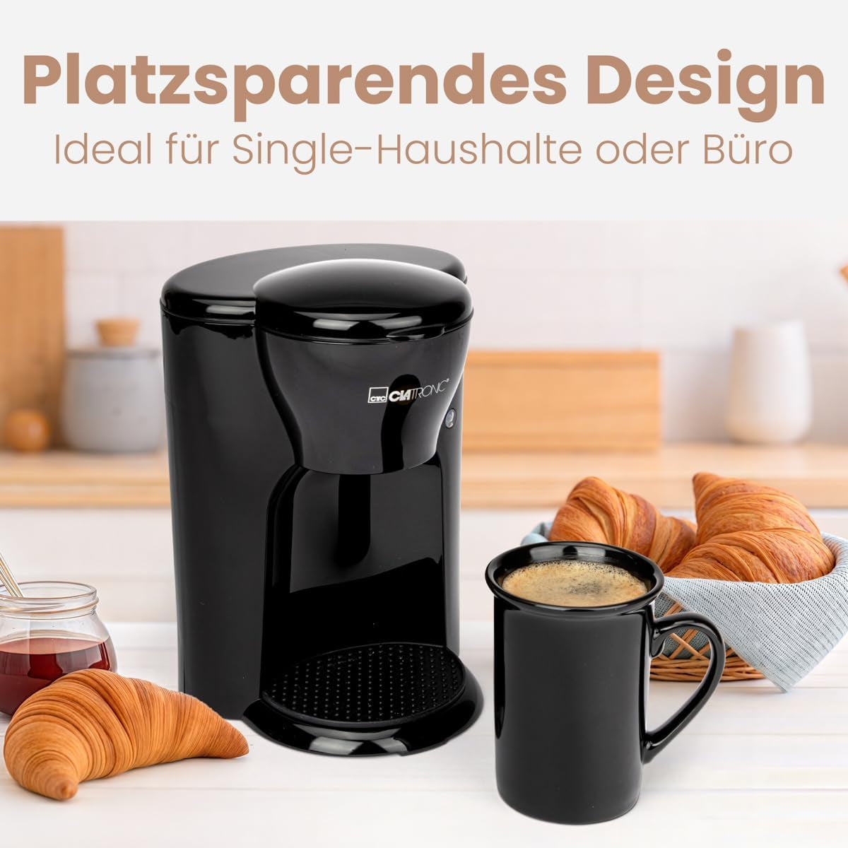 Clatronic® 1-Tassen-Kaffeemaschine | Perfekte Espressomaschine für Singles | Espressomaschine mit Filter, inklusive Keramiktasse | Kleine Espressomaschine mit Filter, ideal für unterwegs | KA 3356