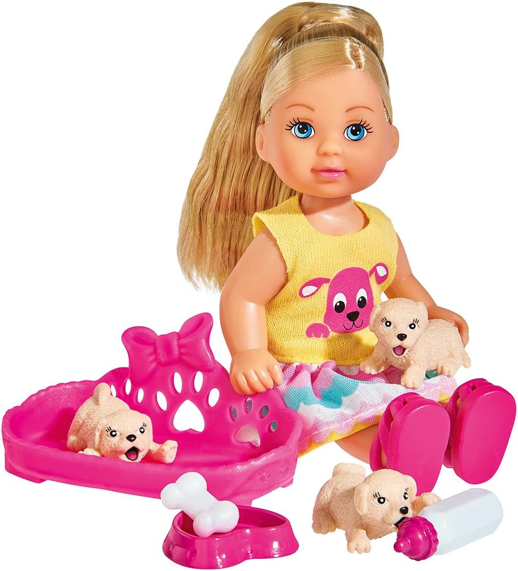 Simba 105733041 – Evi Love Puppy Love mit DREI Welpen, mit Hundehütte und Zubehör, Modepuppe, 12 cm, für Kinder ab 3 Jahren