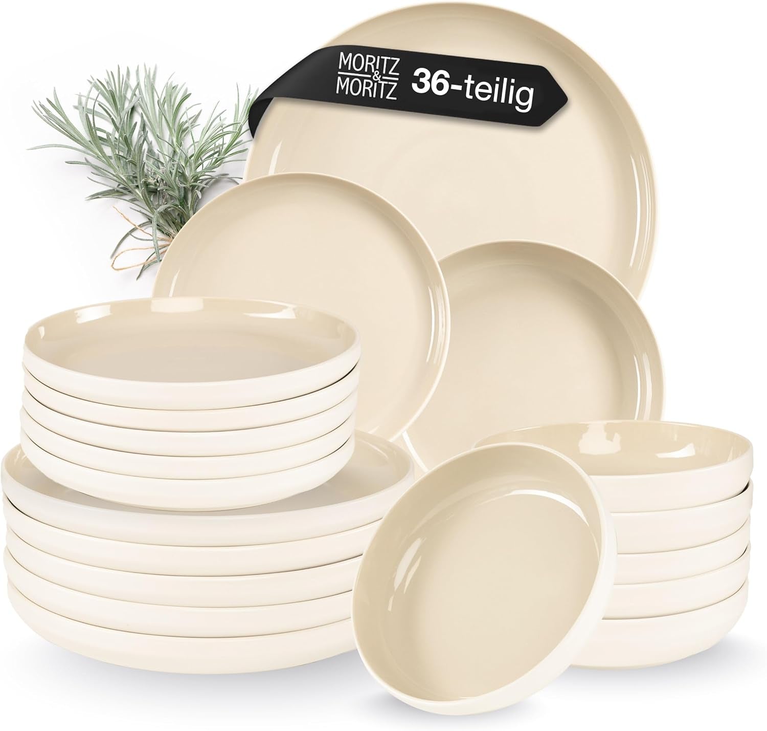 Moritz & Moritz CAVO Steinzeug-Geschirrset für 12 Personen, 36-teilig – Modernes Tafelservice in Sandfarbe – Pflegeleichtes Kombi-Set mit Tellern und Schüsseln – Kaffeeservice