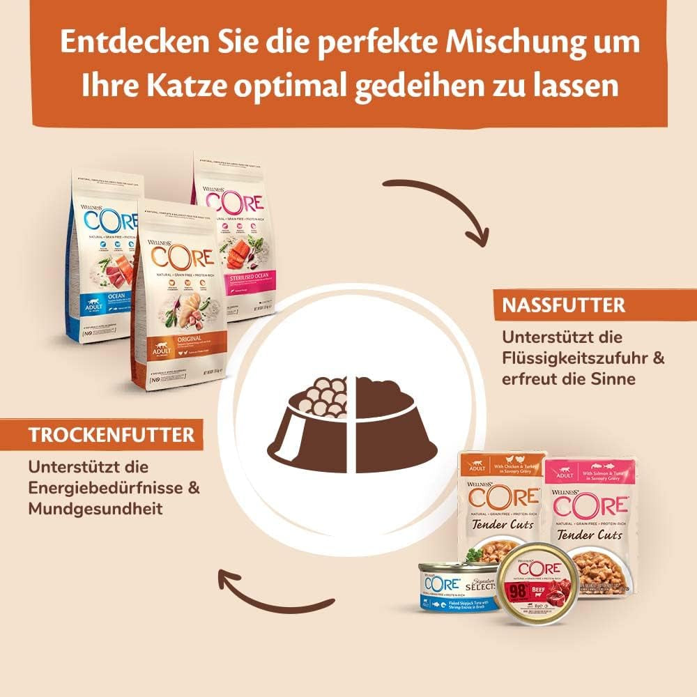 Wellness CORE 98% 12 x 85g, Rind – Nassfutter für Katzen, dicke Pastete, getreidefrei, natürlich, hypoallergen, proteinreich, reich an Fleisch