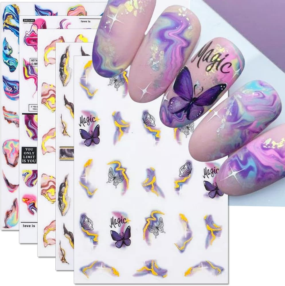 6 Blatt 3D Lila Schmetterling Nagelstickers Selbstklebend Nagelaufkleber Schmetterlinge Nail Sticker Bunte Blühen Marmor Nagel Aufkleber Regenbogen Welle Linien Nail Art Aufkleber Nageldesign Zubehör