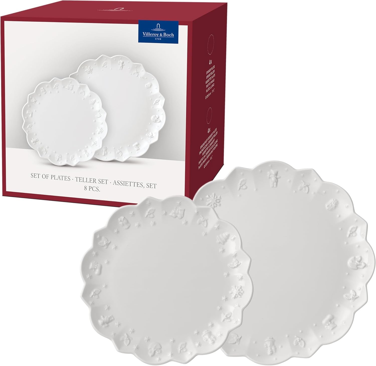 Villeroy & Boch Toy's Delight Royal Classic 8-teiliges Geschirrset, spülmaschinen- und mikrowellengeeignet, weiß, Teller, 4-Personen-Geschirrset, Weihnachtsgeschirr, Spielzeug, Premium-Porzellan