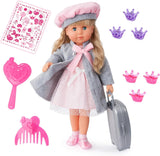 Bayer Design 94635AX Funktionspuppe Charlene mit verschlafenen Haaren und Augen, spricht und singt 90 Sätze, 2 Gedichte und 8 Lieder, 46 cm, Puppe mit mehreren Accessoires, 1,30 kg, Rosa, Grau