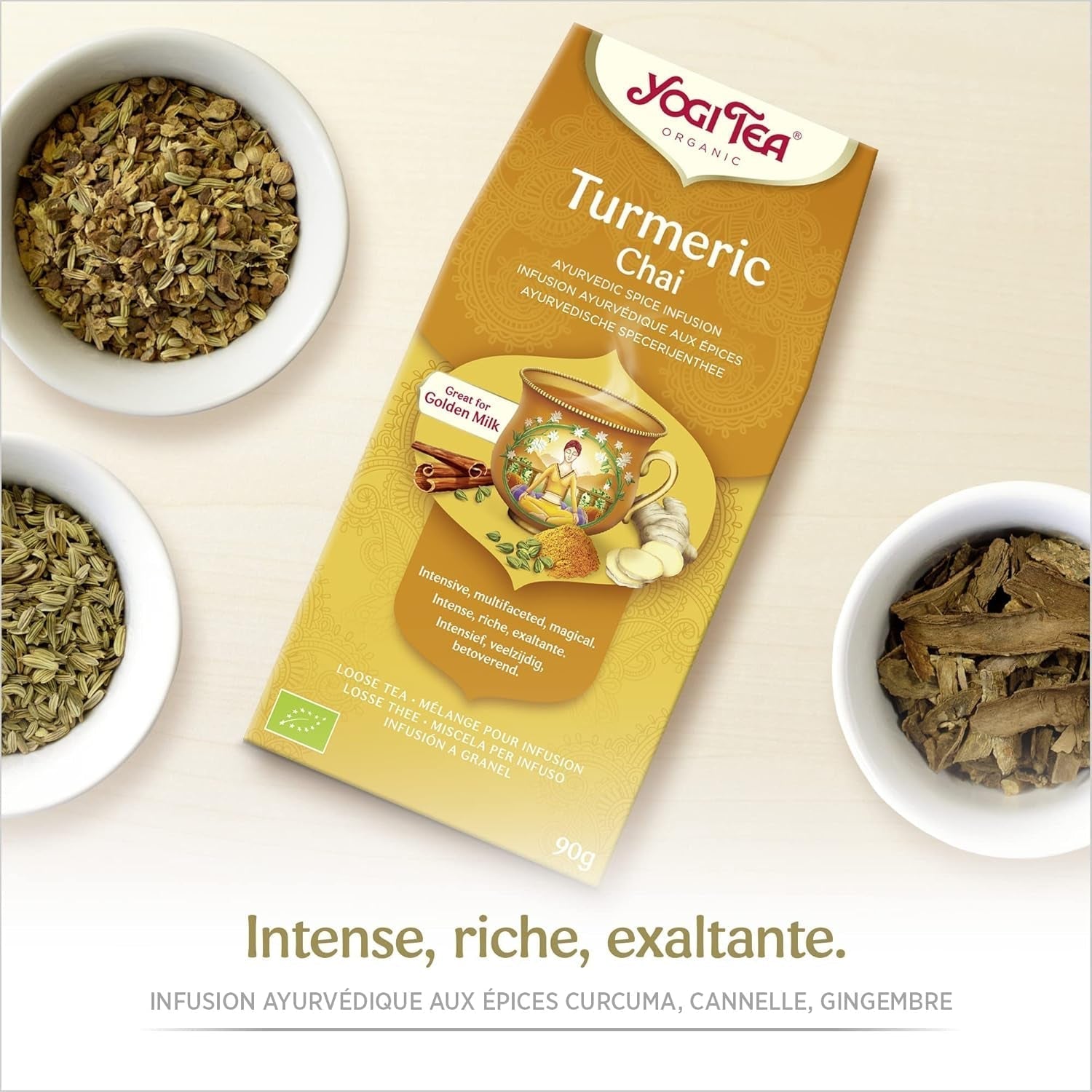 Yogi Tea – Kurkuma Chai Bio-gewürzter ayurvedischer Tee, koffeinfrei, Kurkuma-Zimt-Ingwer-Mischung, Yogi-Tee lose, 8 x 90 g (720 g) Packung, ideales Geschenk
