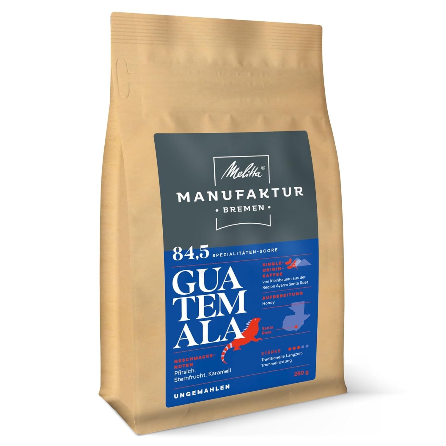 Melitta Manufaktur-Kaffee Guatemala Honig, Spezialitäten, 250g, Ganze Bohnen, Ungemahlen, Single-Origin, Sanfte Trommelröstung, Geröstet in Deutschland, Stärke 3