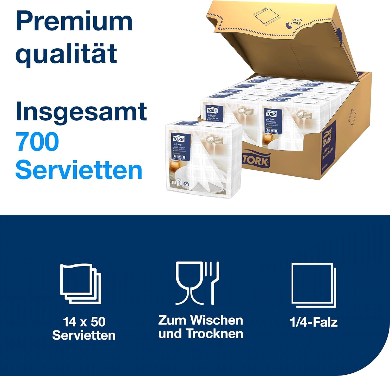 Tork Linstyle weiße Tischservietten, 1/4 Falz, 19,5 × 19,5 cm, 14 x 50 Servietten, 509410