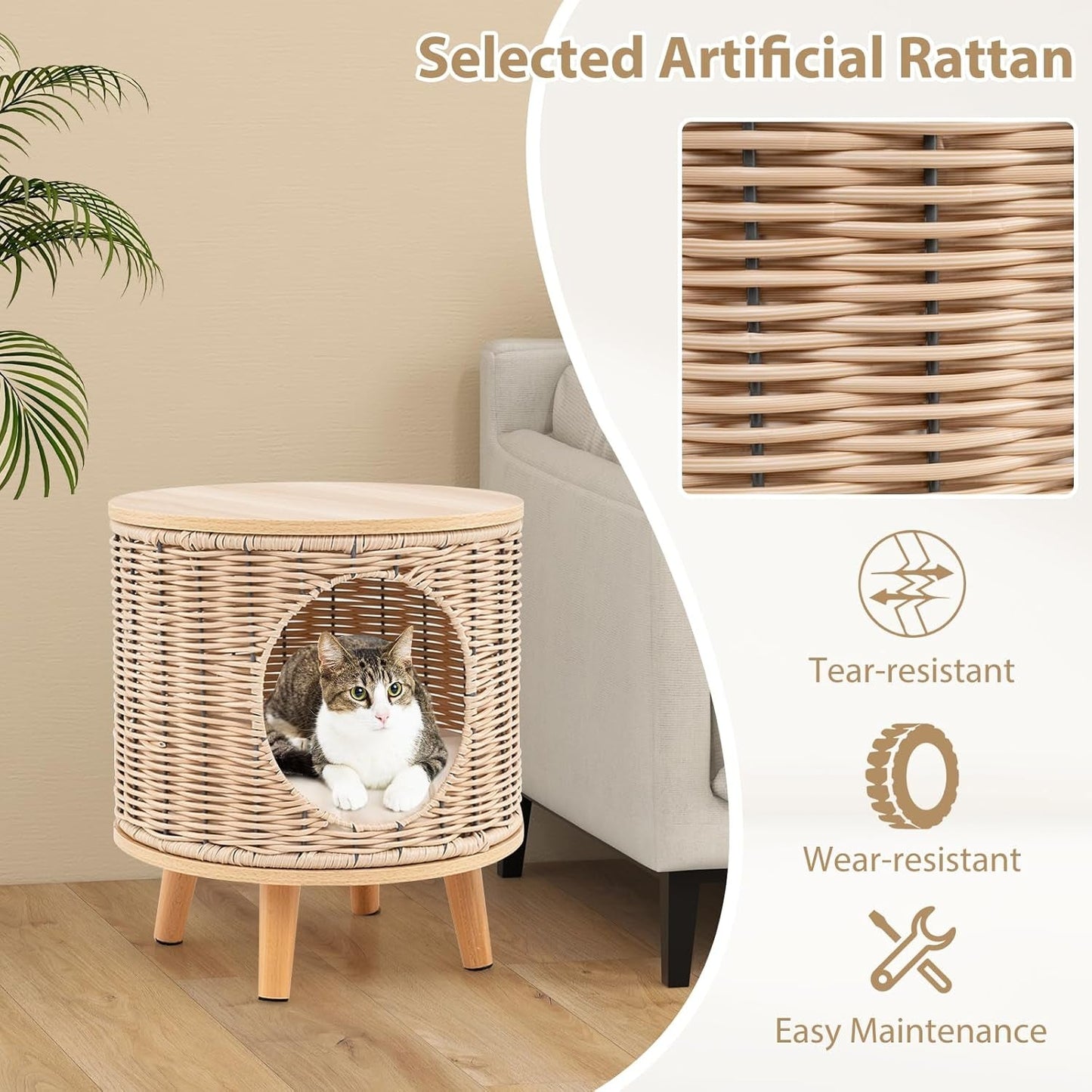 Katzenhaus Rattan, Katzenmöbel mit Holzbeinen & weichen Kissen, 3 in 1 Katzenhöhle Fußhocker Nachttisch, Katzenbett stabil bis 30 kg für Wohnzimmer Schlafzimmer