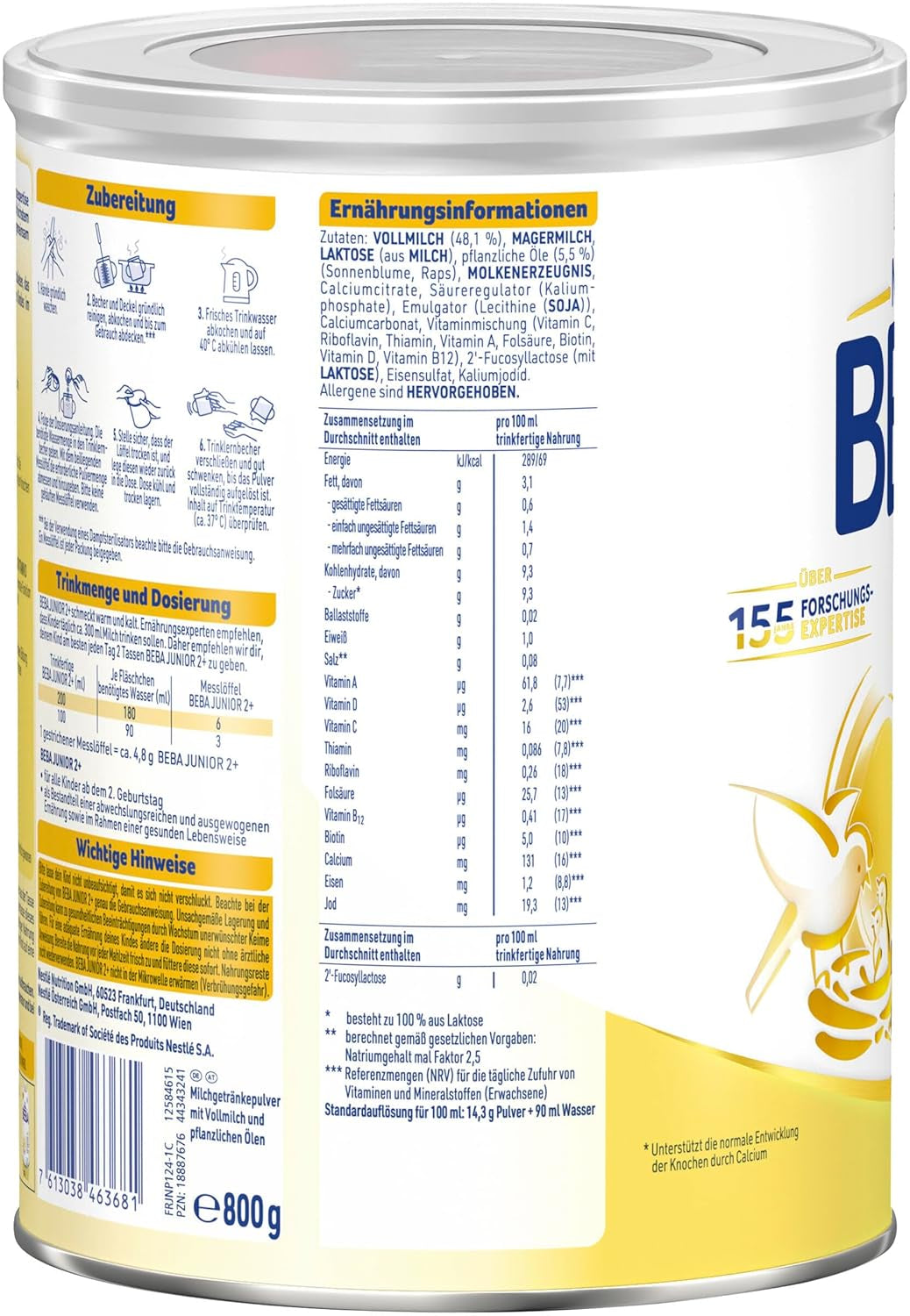 BEBA Junior 2+ Milchgetränk ab 2 Jahren, Mit HMO, Altersgerechter Proteingehalt, Nur Laktose, Ohne Palmöl, Ohne Fischöl, Kleinkindnahrung, Babymilchpulver, 3er Pack (3 x 800g)