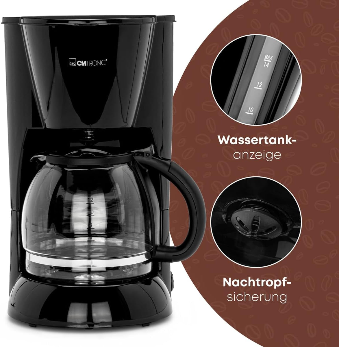 Clatronic® Espressomaschine | Automatische Espressomaschine für 12-14 Tassen (ca. 1,5 Liter) | Espressomaschine mit Filter und Anti-Tropf-System | 900W | Espressor KA 3473 Schwarz