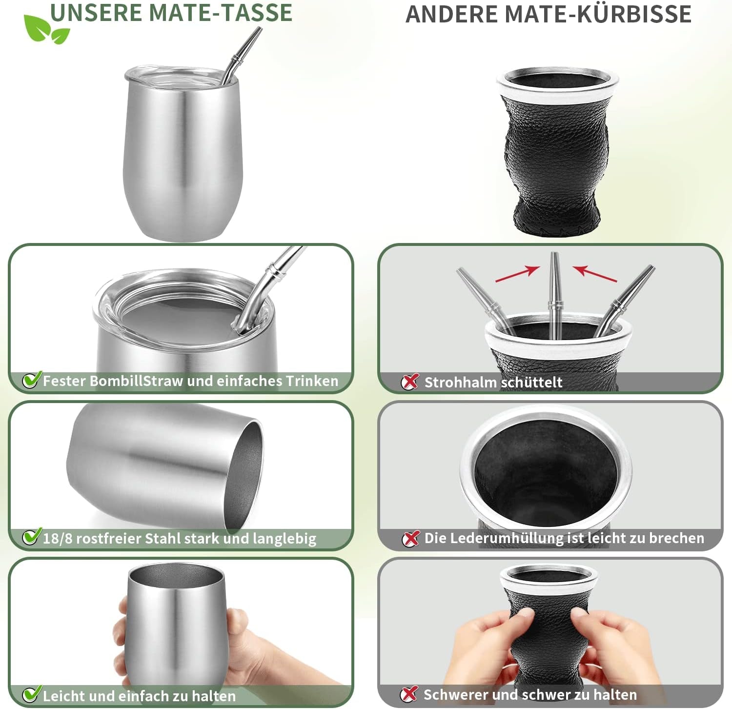 Moderner Mate-Becher 340 ml, isoliertes doppelwandiges Edelstahl-Yerba-Mate-Becher-Set, Mate-Teebecher mit BPA-freiem Deckel, Bombillas und einer Reinigungsbürste (Silber)
