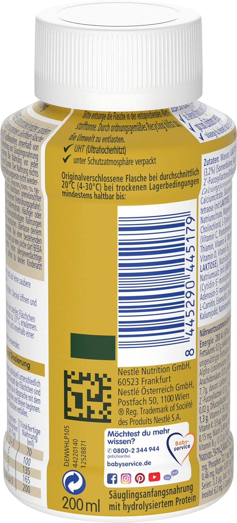 BEBA Nestlé BEBA SUPREME 1 Säuglingsmilch: trinkfertige Flaschen mit Omega 3, 4er Pack (1 x 200 ml)