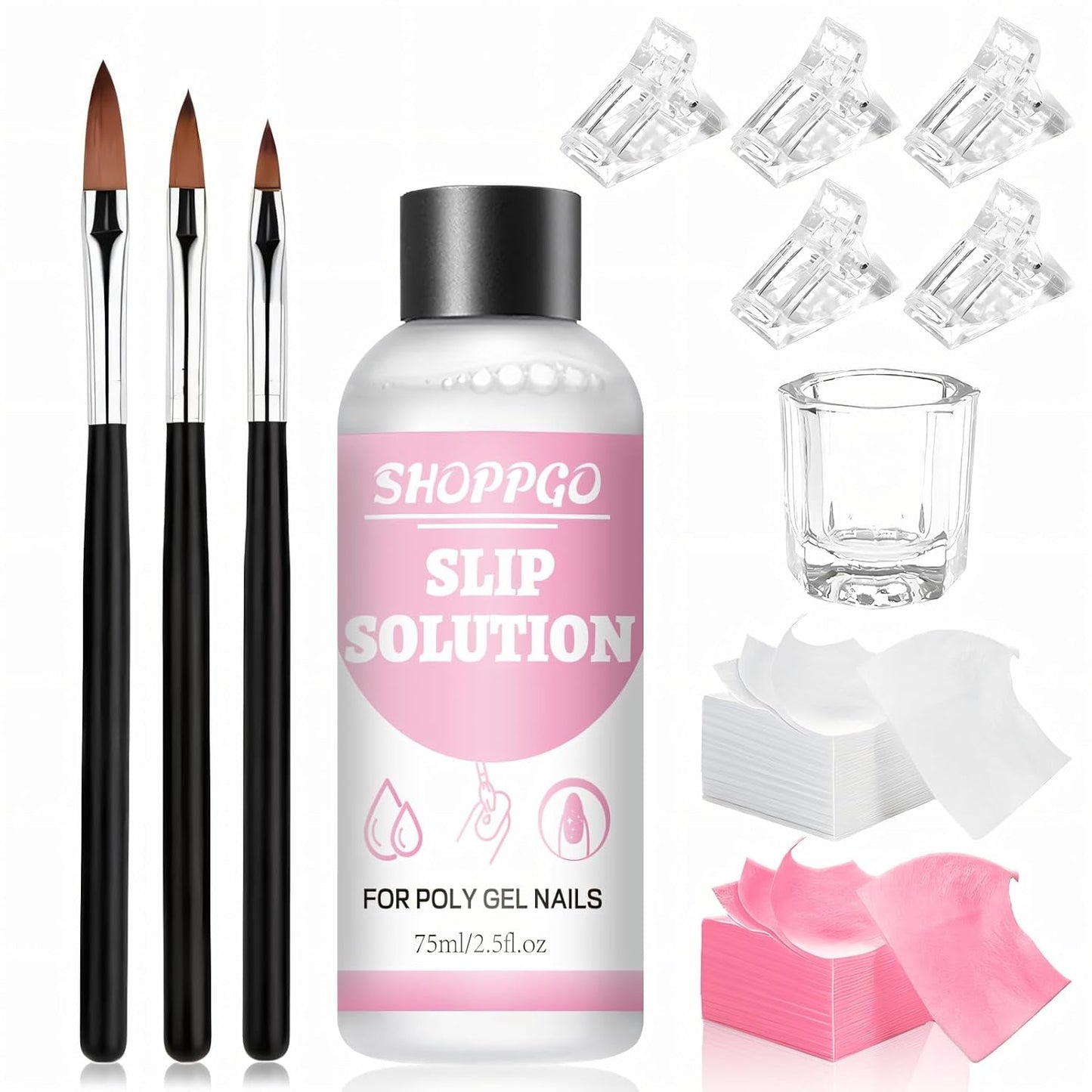 Polygel Glättungslösung, Polygel Slip Solution Nagelset, Glättungslösung 75 ml, inklusive 5 Nagelspitzenclips, 3 Nagelbürsten, 1 Kristallbecher, 100 Reinigungsblätter