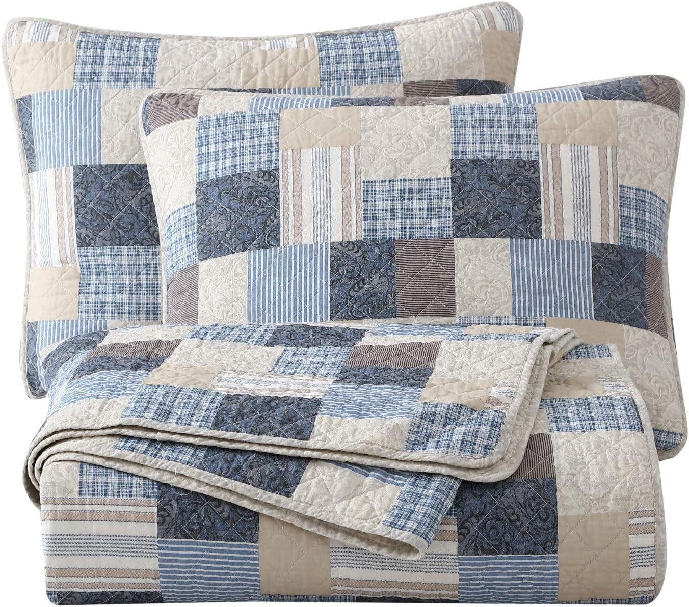 Chezmoi Collection Addy Patchwork-Steppdecken-Set, vorgewaschene Baumwolle, leicht, wendbar, für alle Jahreszeiten, übergroß, 3-teilig, Marineblau, Weiß, Grau, Taupe, karierte Steppdecken und Steppdecken Naty Shop Patchwork Queen Plaid