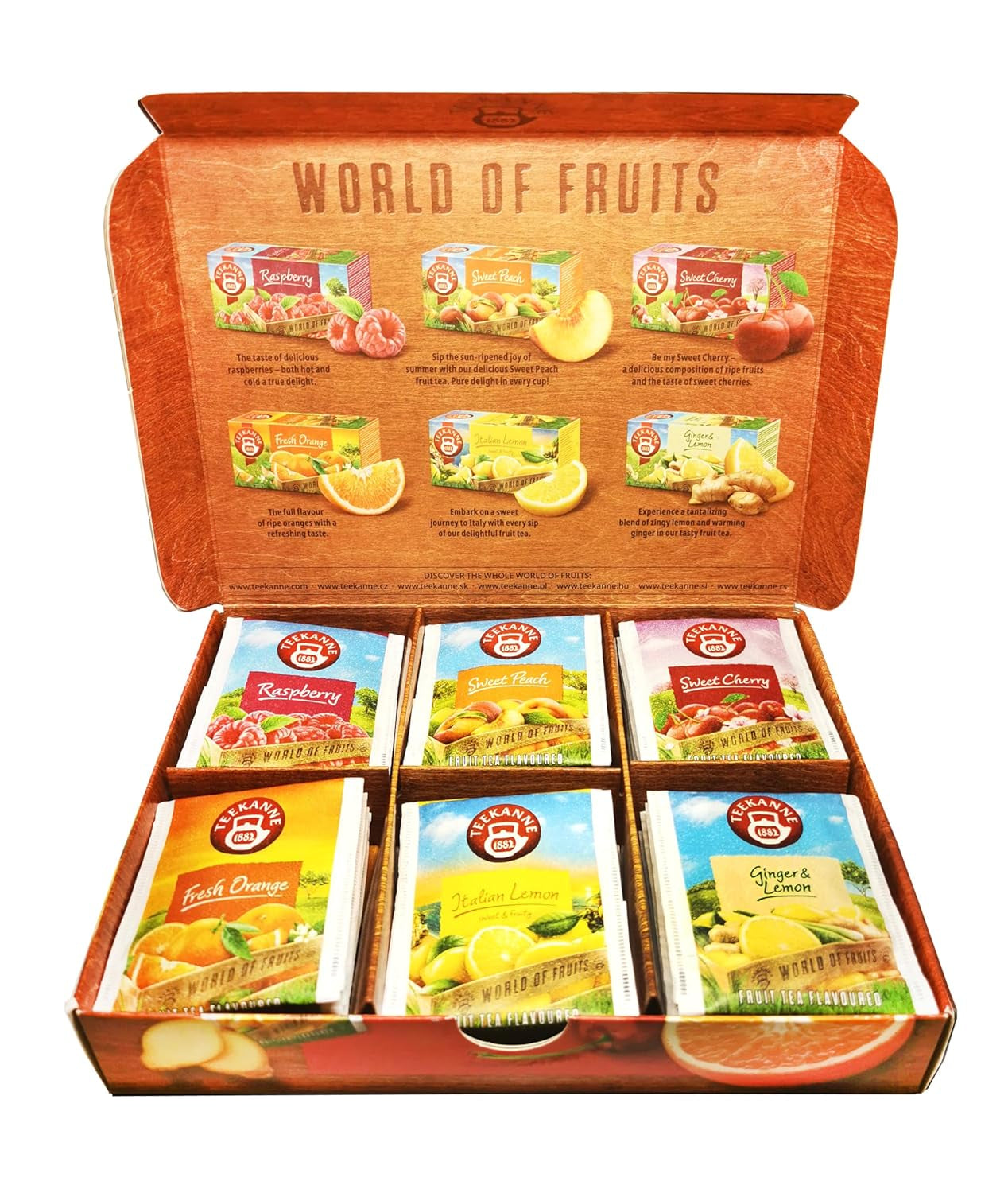Teekanne World of Fruits (NEUE EDITION) - Box mit Auswahl an Früchtetees - 6 Geschmacksrichtungen * 5 Teebeutel