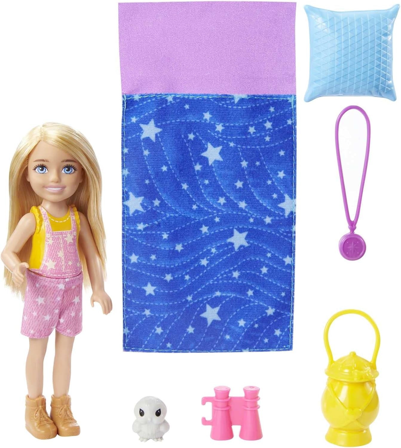 Barbie Chelsea-Serie, Chelsea-Puppe Camping mit blonden Haaren, Haustier-Eule, Schlafsack, Kissen, Taschenlampe, Fernglas, Camping-Zubehör, Kindergeschenk, Spielzeug für 3 Jahre und älter, HDF77