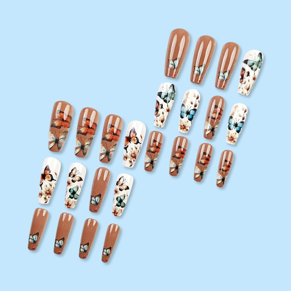 24 Stück lange Nägel zum Aufdrücken, Sarg, künstliche Nägel, Schmetterlingsblume, selbstklebende Nägel, weiß, braun, Acryl-Nagelset, Nagelspitzen, Damen, Frühling, Sommer, Nagelzubehör