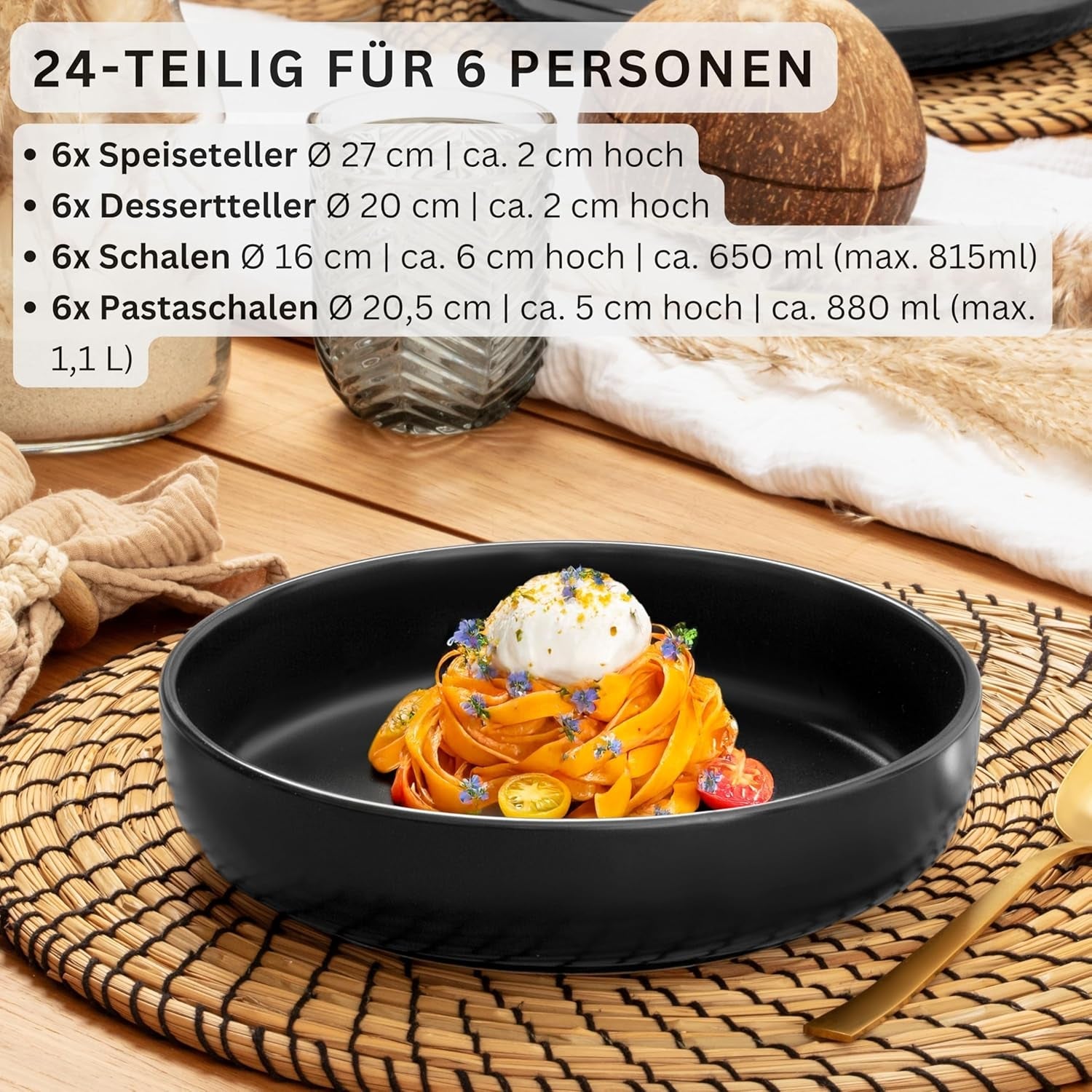SÄNGER Madeira | 24-teiliges Kombi-Geschirrset, Steinzeug-Geschirrset für 6 Personen, 6 Speiseteller, 6 Frühstücksteller, 6 Speiseteller, 6 Nudelschalen, Geschirr- und Schüsselset, Mattschwarz | DIE VALUE-KOLLEKTION