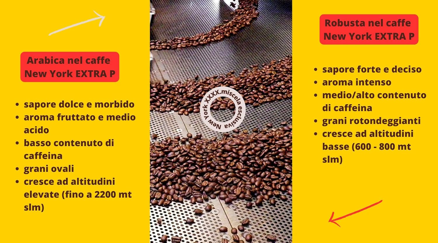 New York Coffee – EXTRA P – Kaffeebohnen, kräftiger und kräftiger Geschmack, Arabica- und Robusta-Bohnen, zum Mahlen, italienischer Espresso, Barmischung – Premium-Qualität seit 1930 – 1 kg, Bohnen