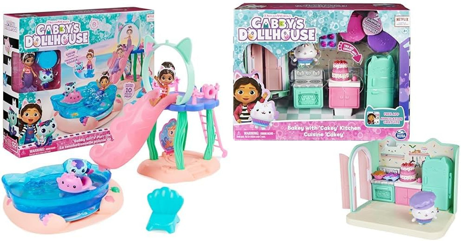 Gabby's Dollhouse, Purific Pool Party-Spielset mit Gabby- und Erdmännchen-Figuren und Deluxe-Zimmer, Cakey Baking, Cakey Kitchen