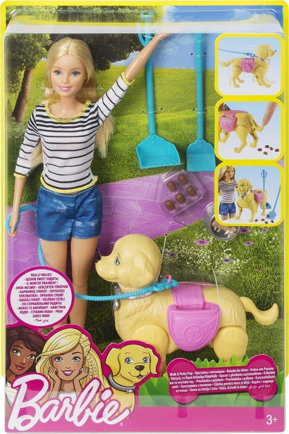 Barbie-Lauf- und Töpfchenpuppe, blonde Puppe mit laufendem Hund, Kotlöffel, Zubehör einschließlich Puppenhund, Kindergeschenk, Spielzeug für 3 Jahre und älter, DWJ68