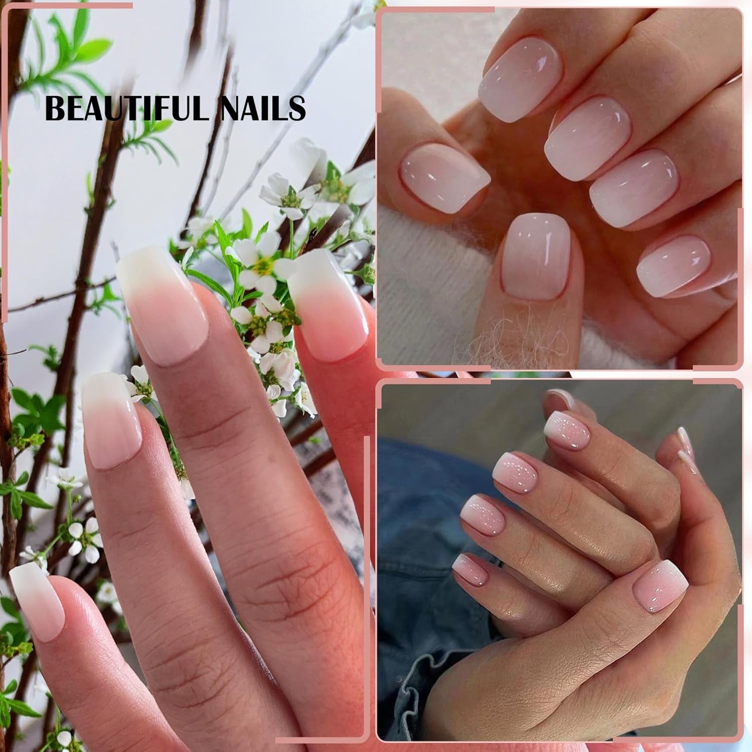 Selbstklebendes Kunstnägel-Set – Französische Kunstnägel – 24-teilig, kurzes quadratisches Design, weiß-rosa Farbverlauf, künstliche Nägel, Ballerina-Maniküre (kurzer rosa Farbverlauf)