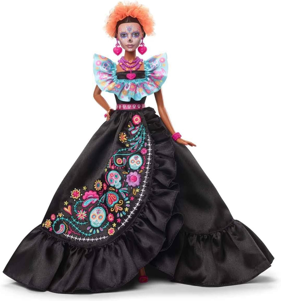 Barbie Signature-Puppe, Día De Muertos 2024 Sammelfigur in schwarzem Kleid und blauem Rüschenoberteil, gesticktem Aufdruck und farbenfrohen Accessoires, HRM72